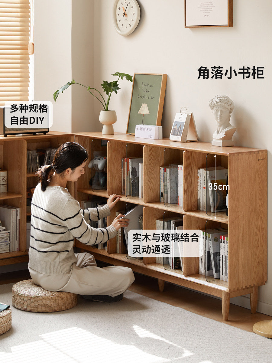 实木书柜现代简约书房一体展示柜橡木格子柜置物架矮书架